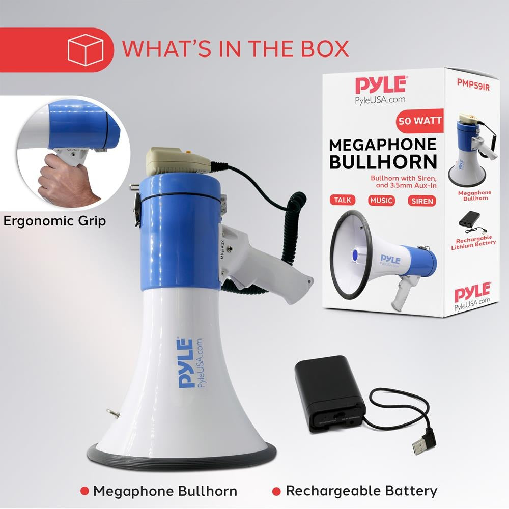 Pyle 50W Rechargeable Megaphone Bullhorn with Record, Siren & Talk Modes - view 11