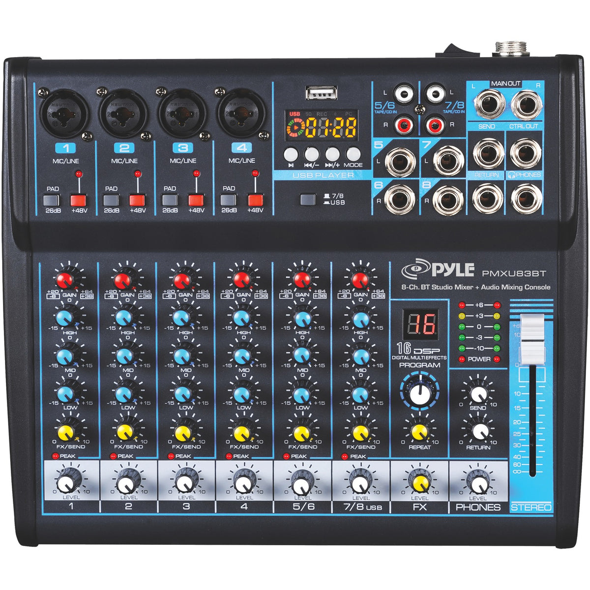Pyle 8-Channel Bluetooth DJ & Studio Mixer with DSP Effects, USB Recording & LCD Display