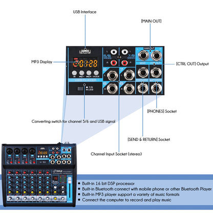 Pyle 8-Channel Bluetooth DJ & Studio Mixer with DSP Effects, USB Recording & LCD Display - view 4