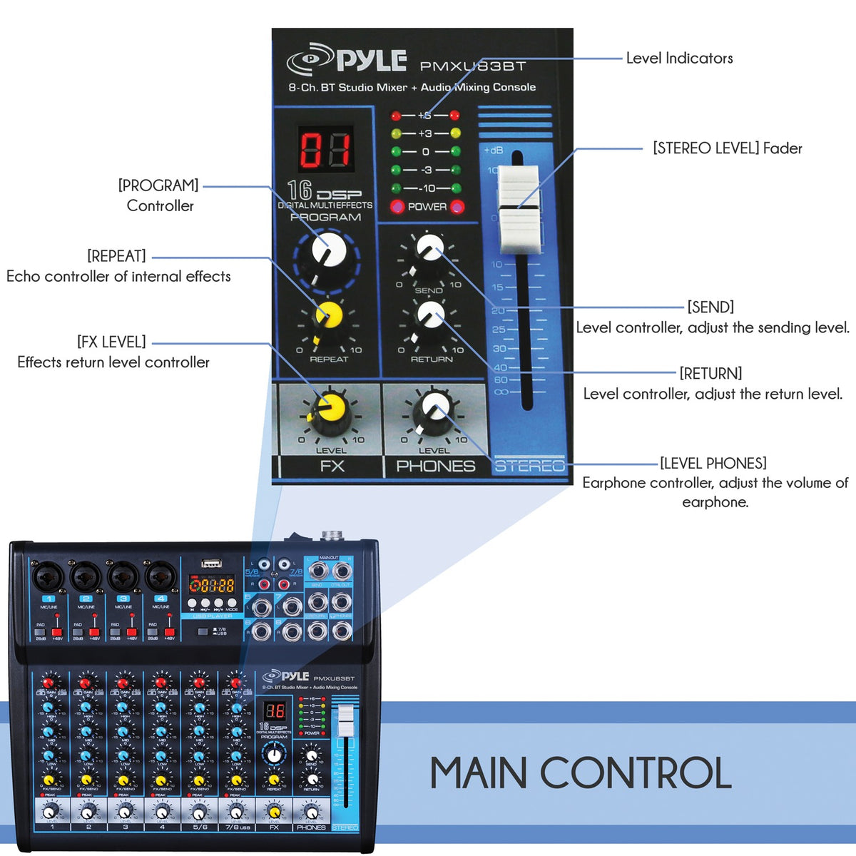 Pyle 8-Channel Bluetooth DJ & Studio Mixer with DSP Effects, USB Recording & LCD Display - view 5
