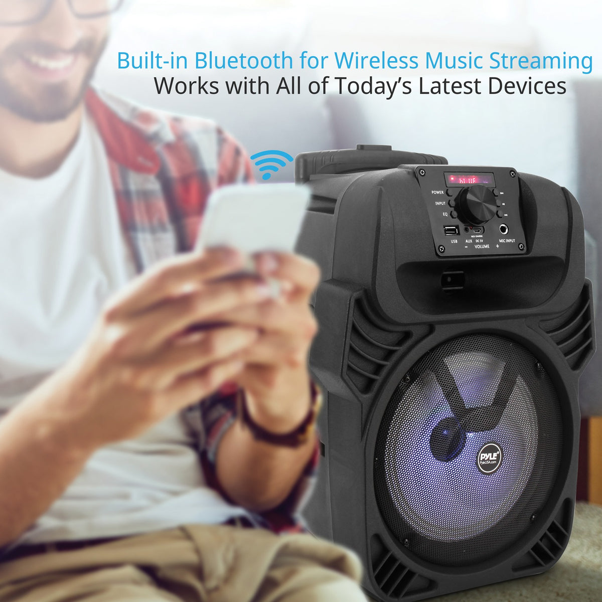 Pyle Portable Bluetooth PA Speaker & Microphone System with LED Lights, FM Radio & Rechargeable Battery - view 5