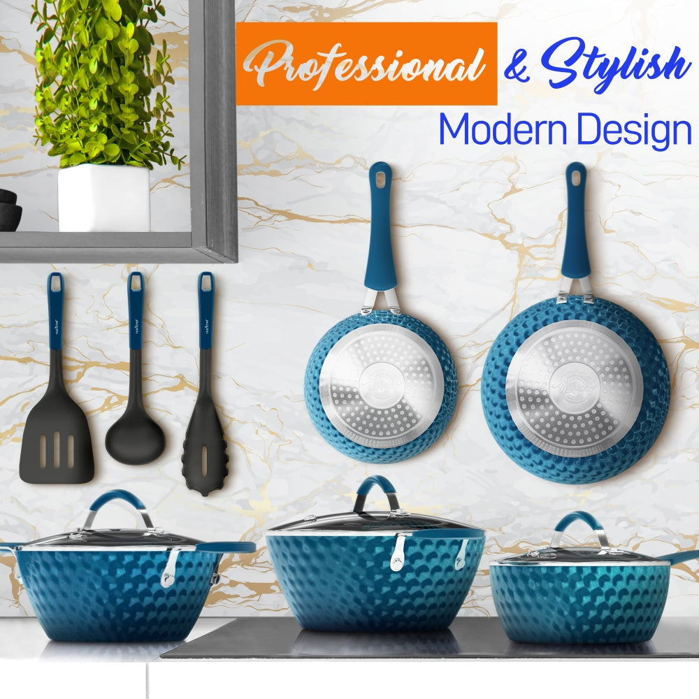 NutriChef 11-Piece Diamond Nonstick Cookware Set, Blue - view 2