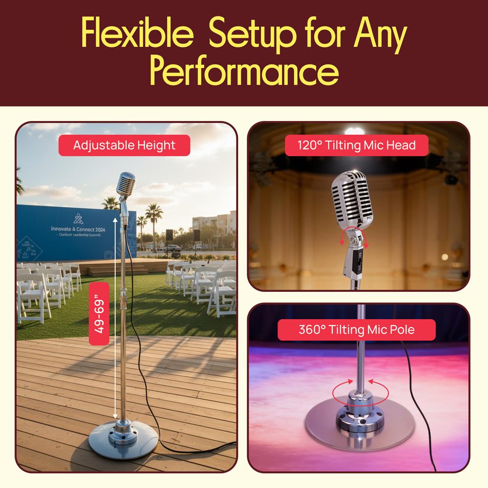 Pyle Retro Vintage-Style Dynamic Microphone with Adjustable Swing Stand, Silver - view 8