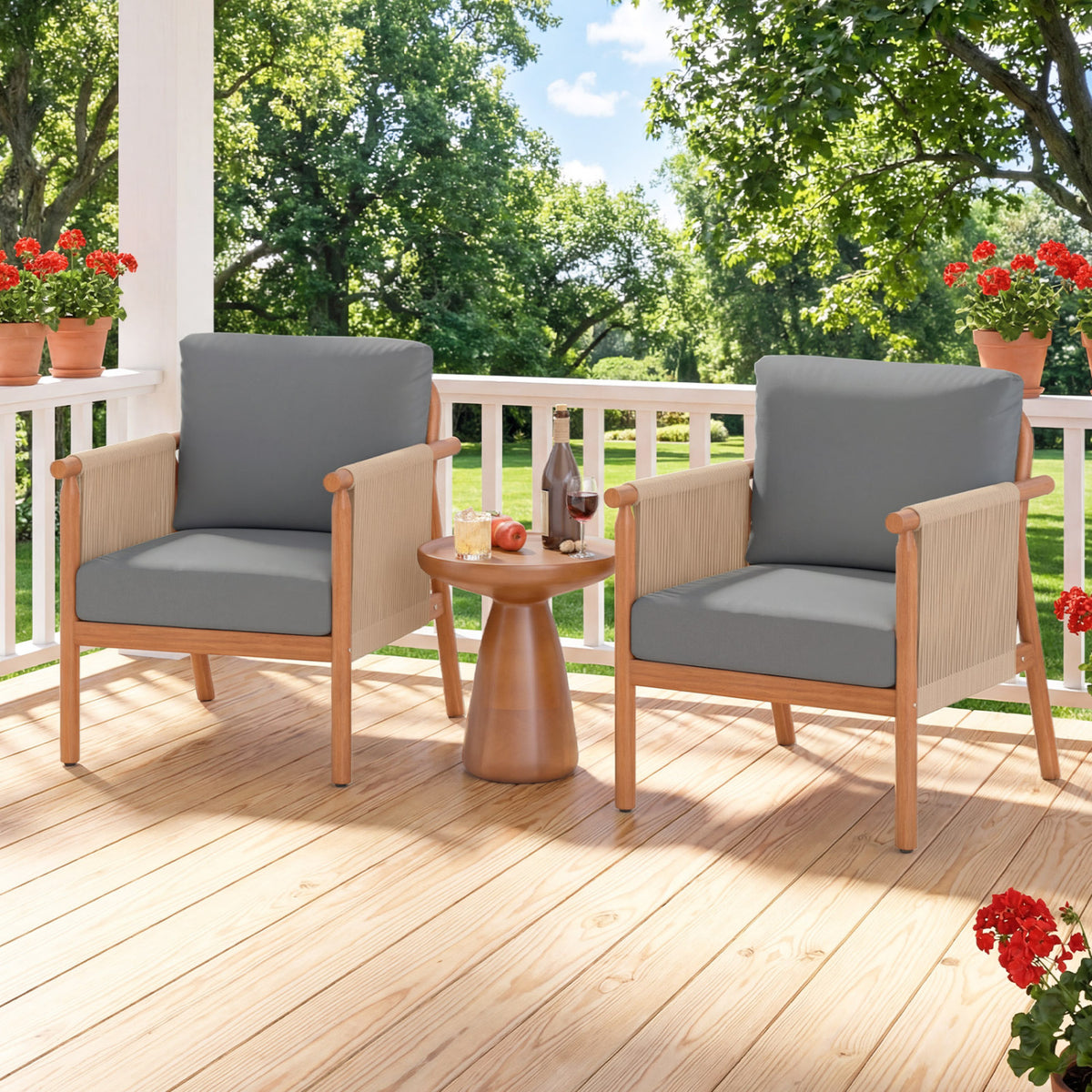 Acacia Wood Patio Dining Chair with Woven Rope & Cushions