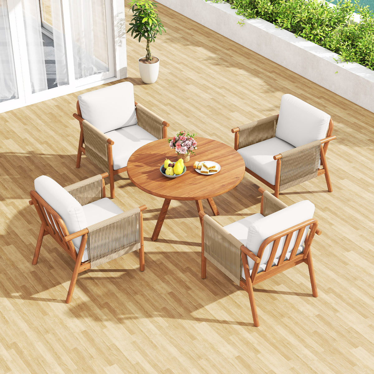 Acacia Wood Patio Dining Chair with Woven Rope & Cushions