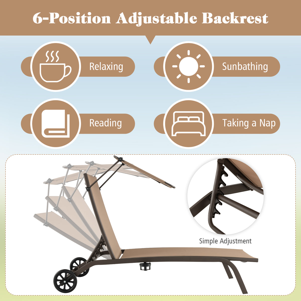 Adjustable Chaise Lounge Chair with Canopy and Wheels