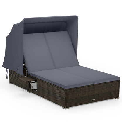Double Chaise Lounge with Canopy, Cushions & Side Tables