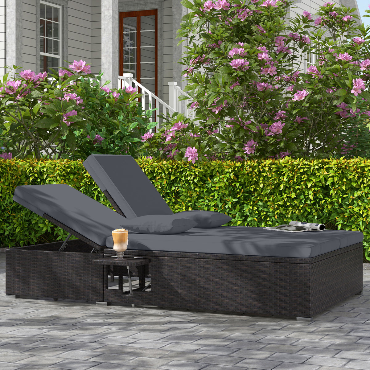Double Chaise Lounge with Cushions and Folding Side Tables