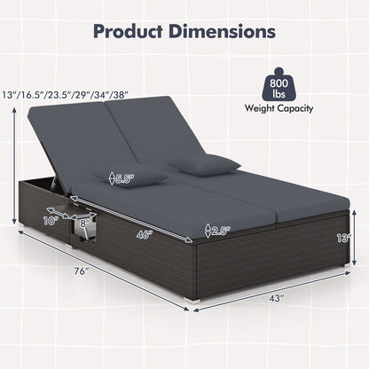 Double Chaise Lounge with Cushions and Folding Side Tables