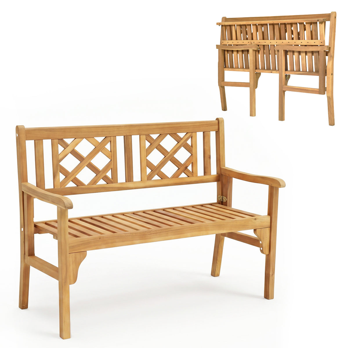 Foldable Acacia Wood Patio Bench with Curved Backrest