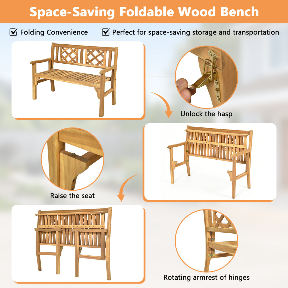 Foldable Acacia Wood Patio Bench with Curved Backrest