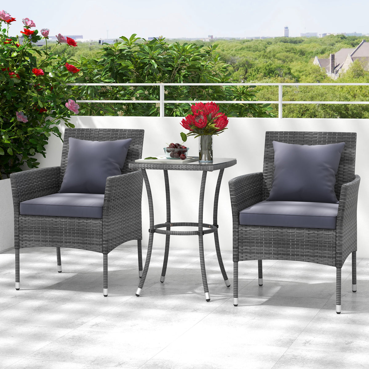 3-Piece Patio Conversation Set with Cushioned Chairs & Glass Table