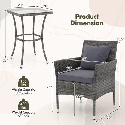 3-Piece Patio Conversation Set with Cushioned Chairs & Glass Table