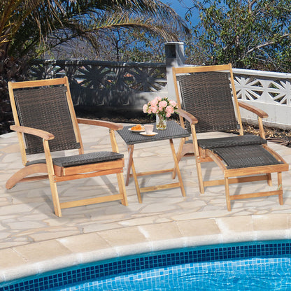 Patio Rattan Folding Lounge Chair with Acacia Wood Table Set