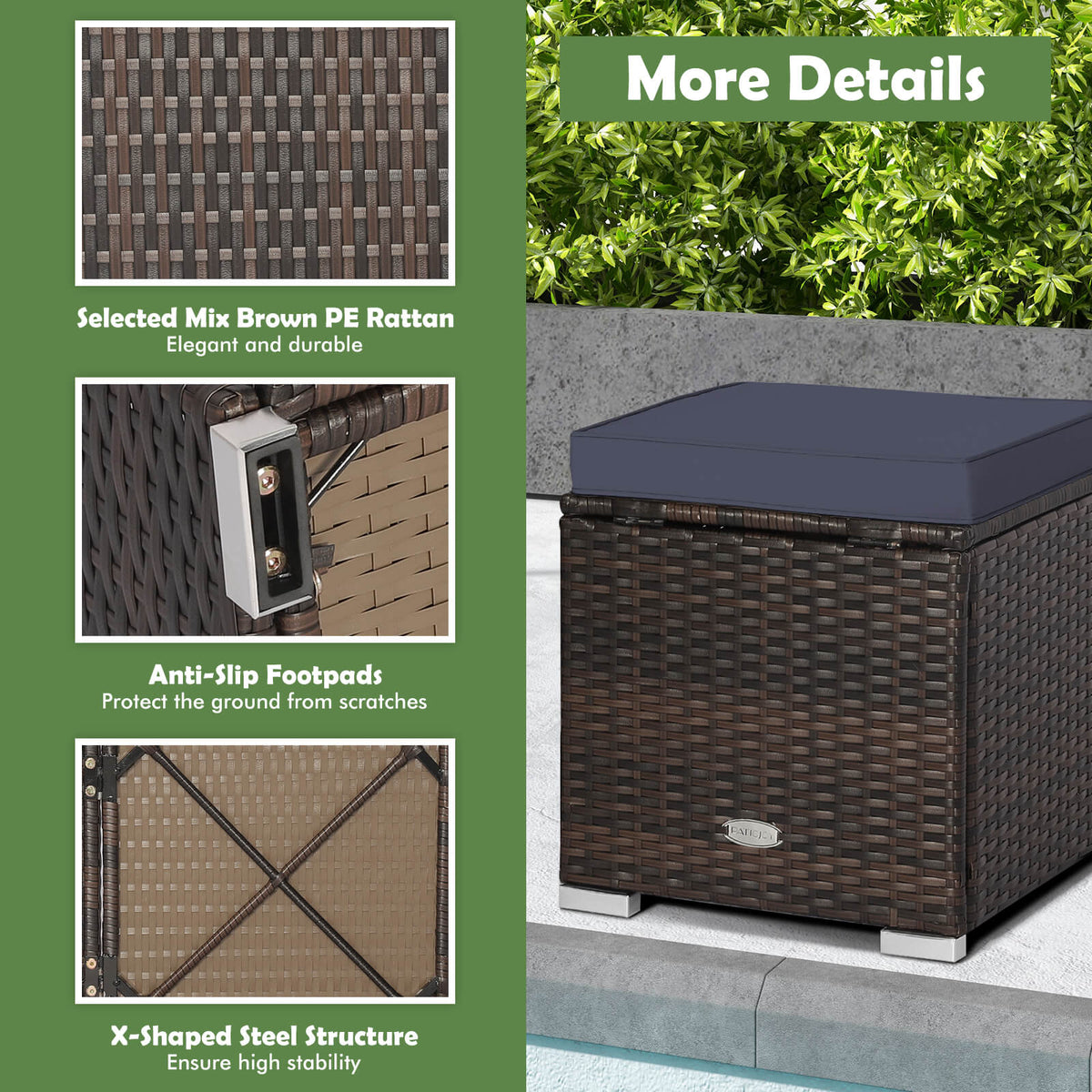 Patio Ottoman Set with Removable Cushions & Storage (2-Piece)
