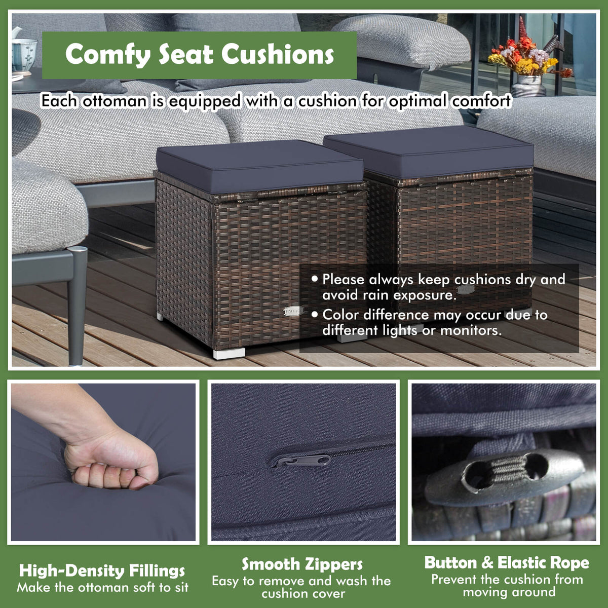 Patio Ottoman Set with Removable Cushions & Storage (2-Piece)