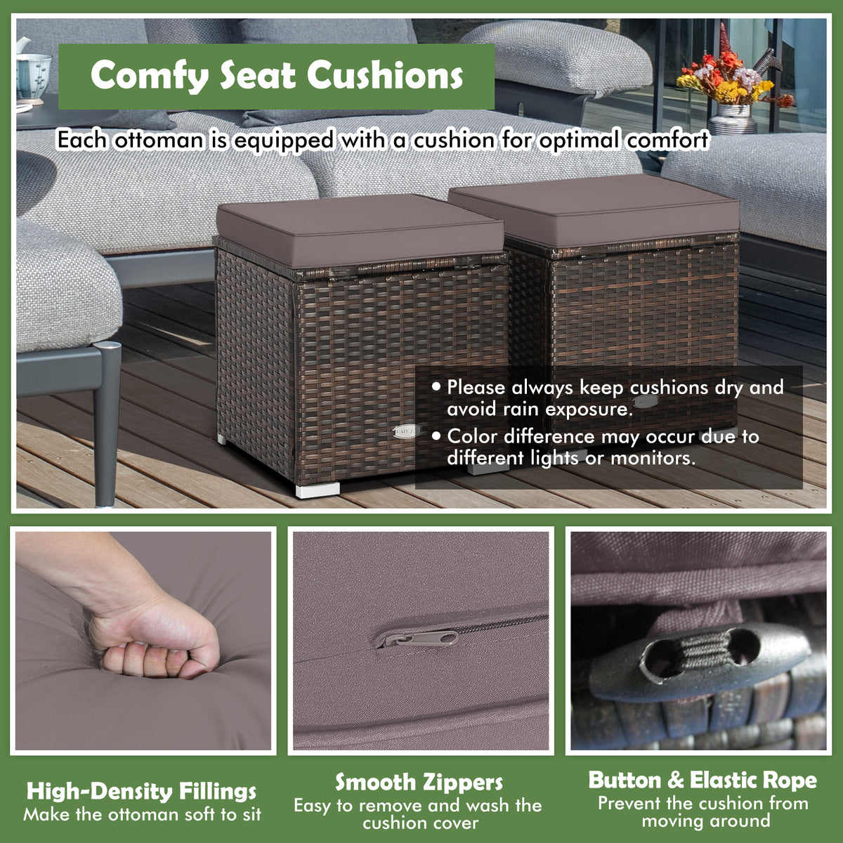 Patio Ottoman Set with Removable Cushions & Storage (2-Piece)