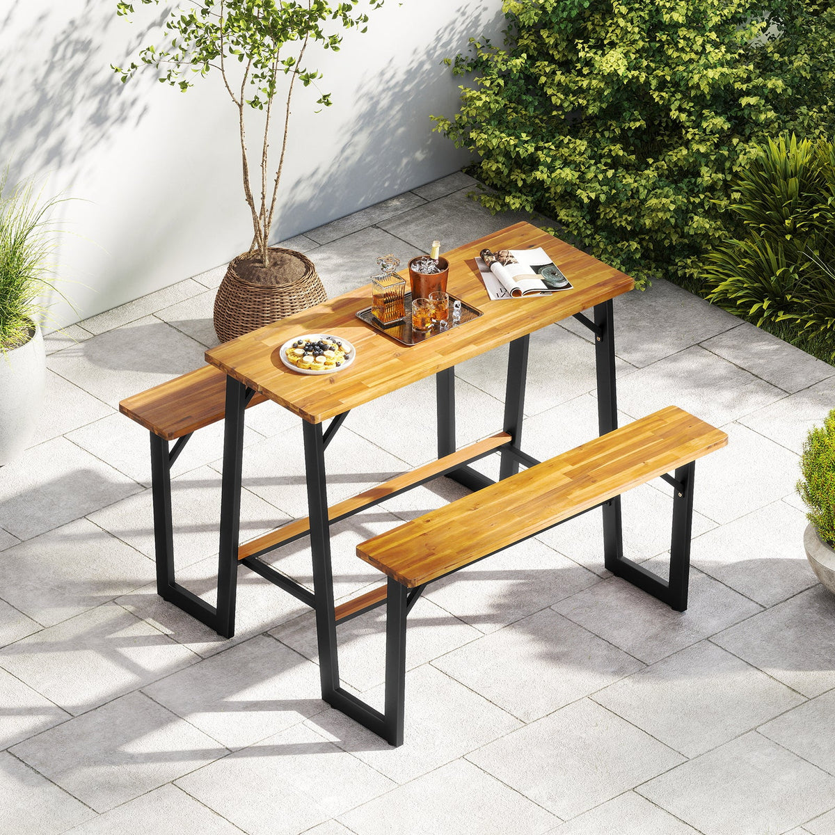 Patio Picnic Table Bench Set with Acacia Wood Tabletop and Benchtop