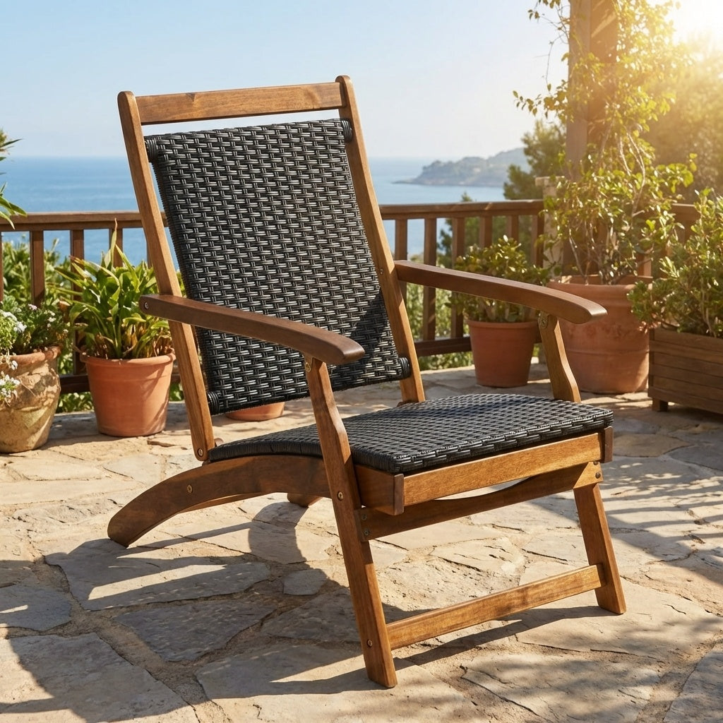 Folding Rattan Lounge Chair with Acacia Wood Frame