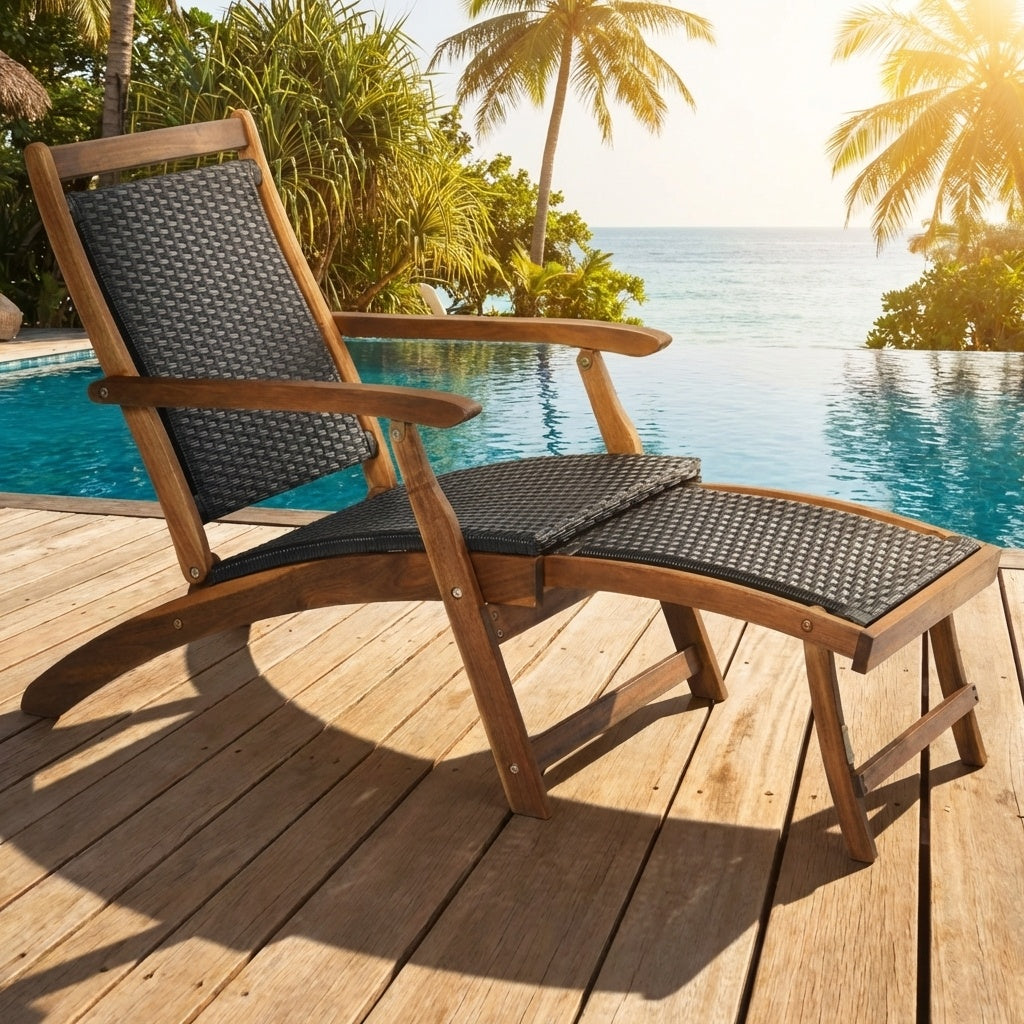 Folding Rattan Lounge Chair with Acacia Wood Frame
