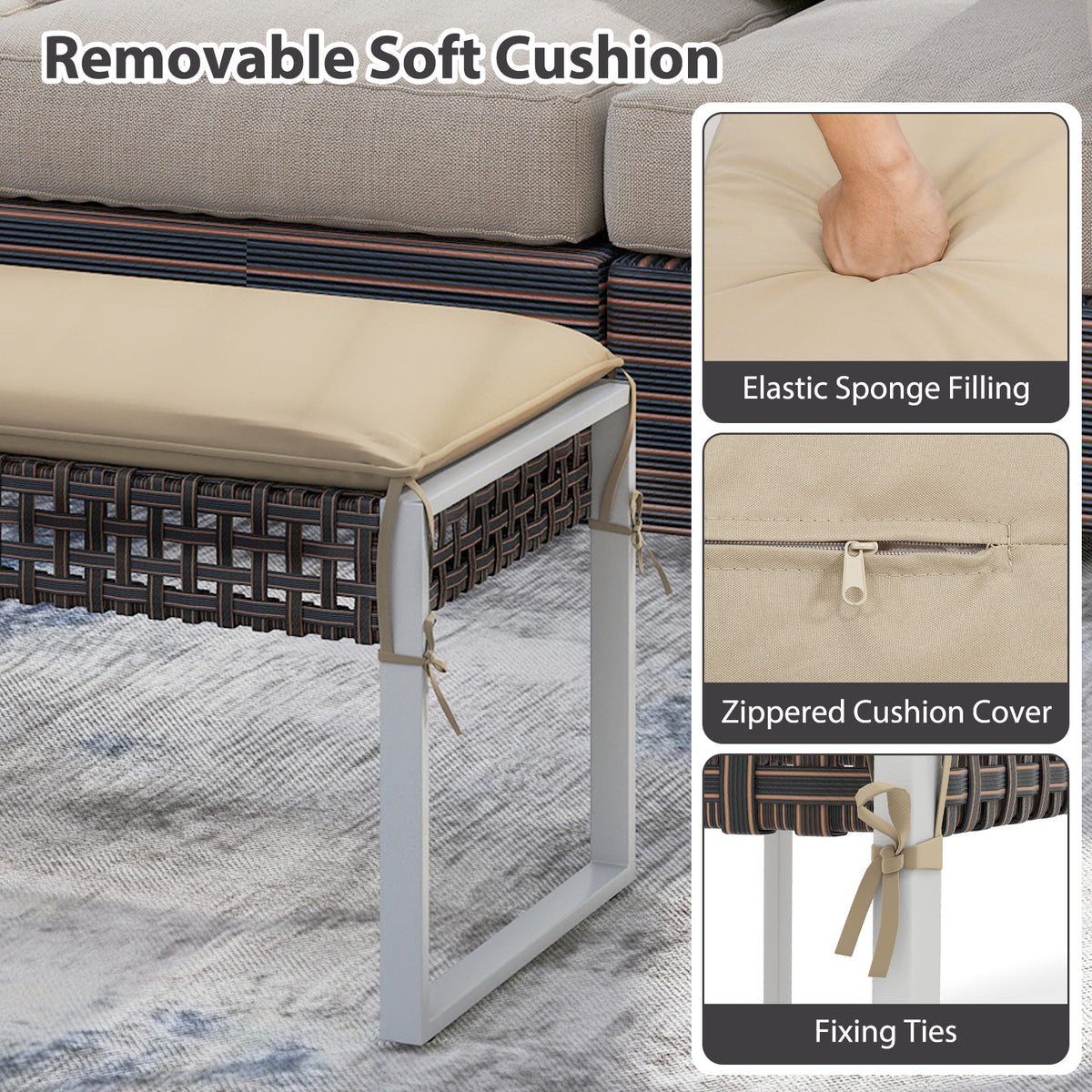 43 Inch Patio Rectangle Ottoman with Cushion - Beige
