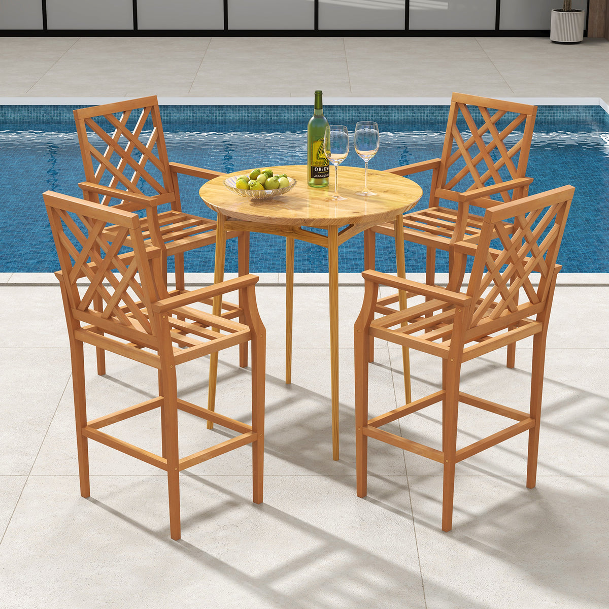 Teak Wood Bar Stool with Ergonomic Backrest - 27" Seat Height