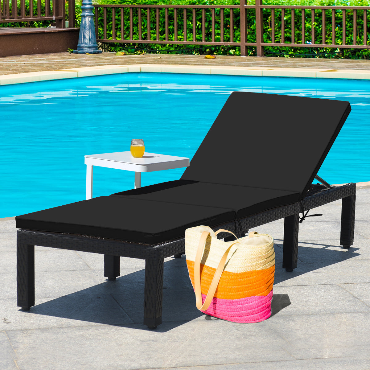 Adjustable Rattan Chaise Lounge Chair with Cushion