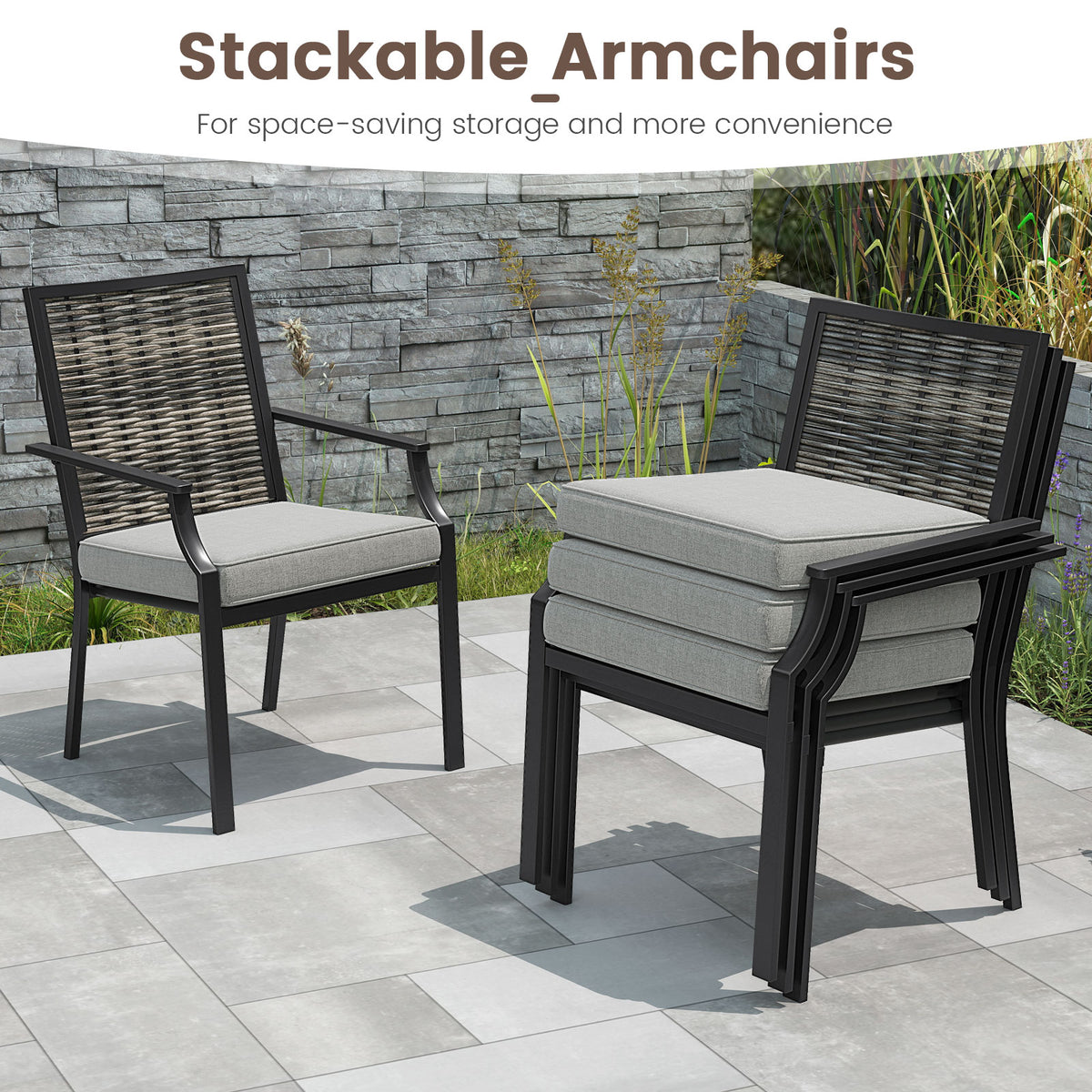 Stackable Wicker Patio Dining Chairs Set of 2 with Cushions