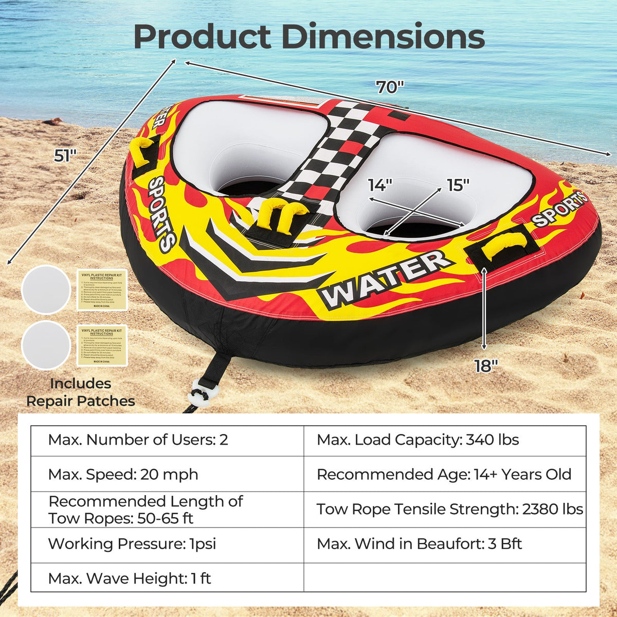 Towable Tube with Quick Connector and Drainage for Boating