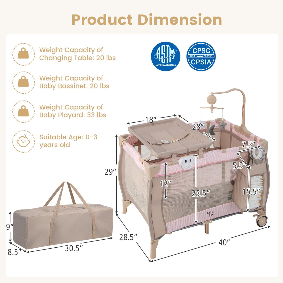 Portable Baby Playard with Changing Table Bassinet and Music Box