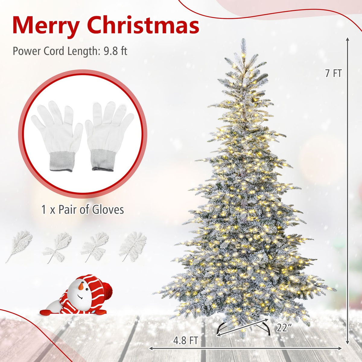 Pre-Lit Snow Flocked Artificial Christmas Tree with Easy-Setup Hinges for Holiday