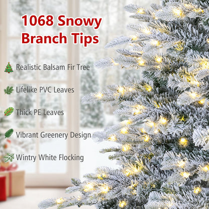 Pre-Lit Snow Flocked Artificial Christmas Tree with Easy-Setup Hinges for Holiday