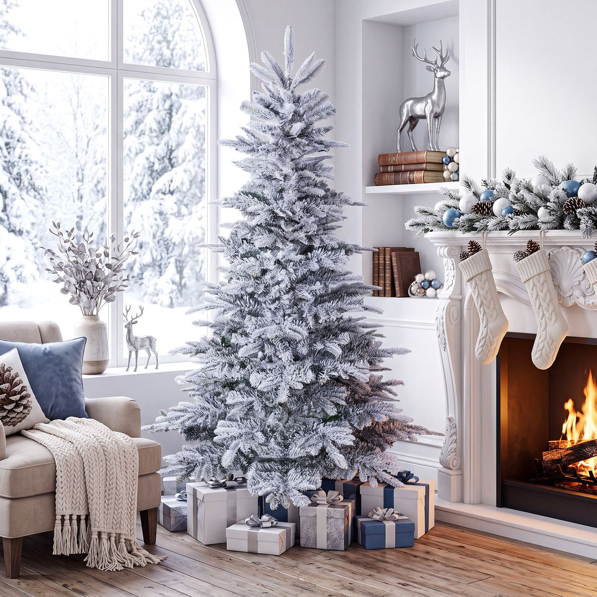 Pre-Lit Snow Flocked Artificial Christmas Tree with Easy-Setup Hinges for Holiday