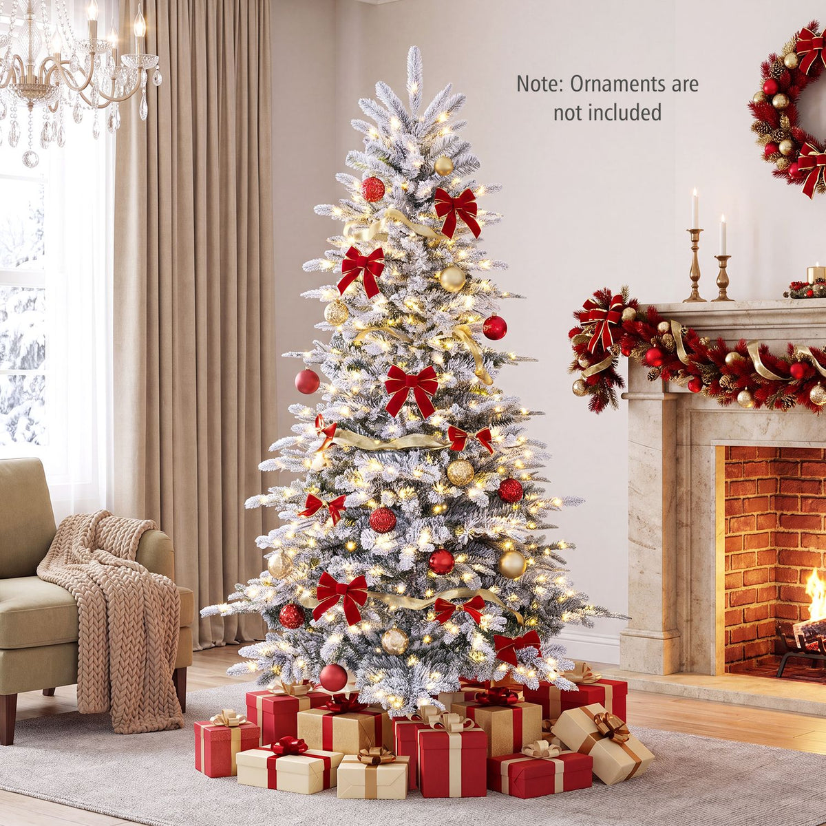 Pre-Lit Snow Flocked Artificial Christmas Tree with Easy-Setup Hinges for Holiday