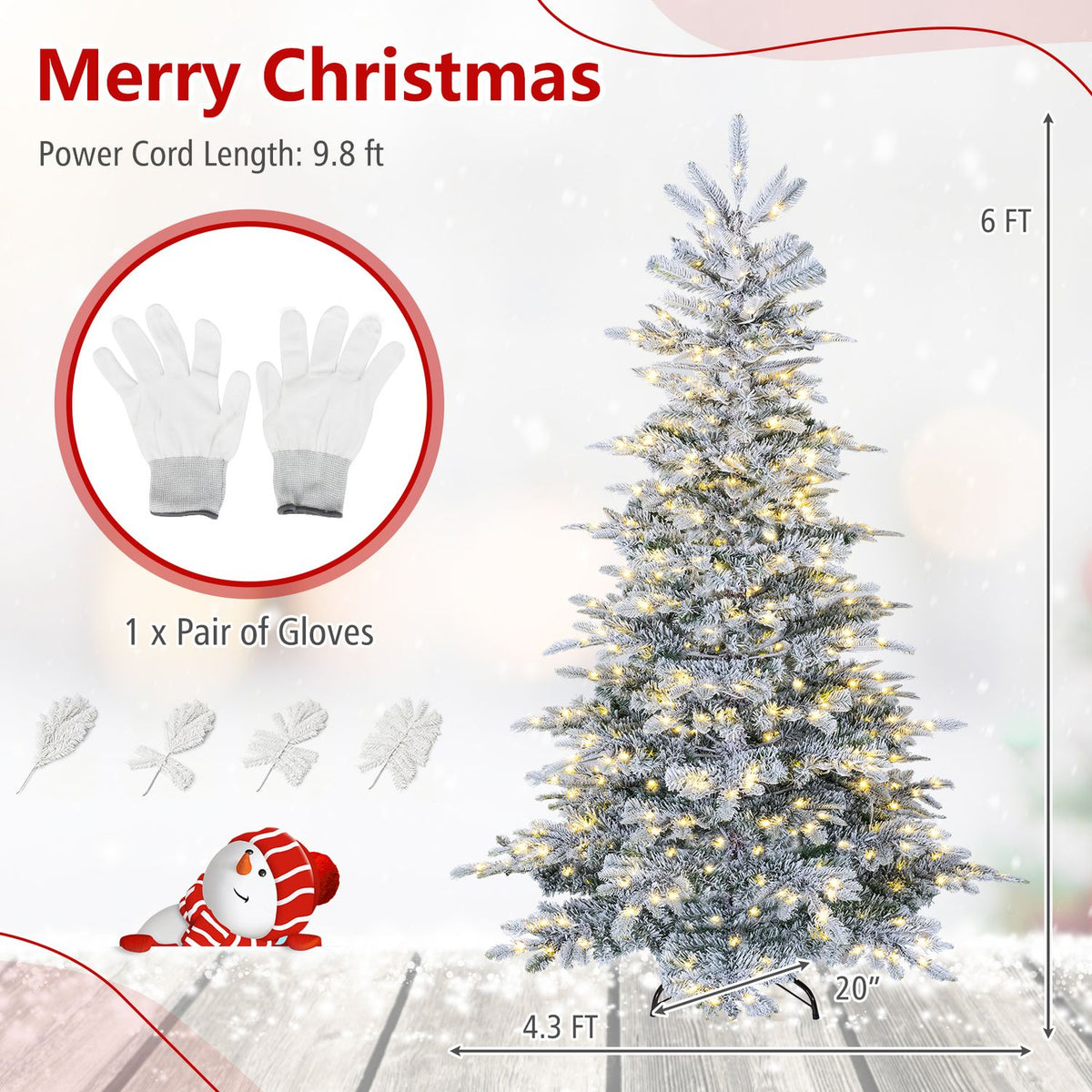 Pre-Lit Snow Flocked Artificial Christmas Tree with Easy-Setup Hinges for Holiday