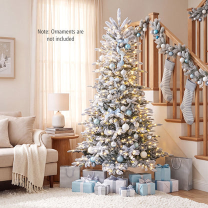 Pre-Lit Snow Flocked Artificial Christmas Tree with Easy-Setup Hinges for Holiday