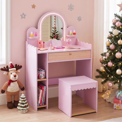Kids Makeup Vanity Table Set with Stool and Mirror - Pink