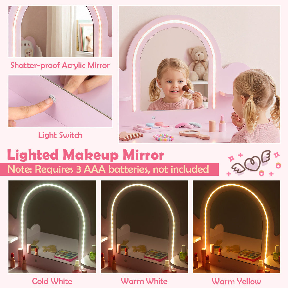 Kids Makeup Vanity Table Set with Stool and Mirror - Pink