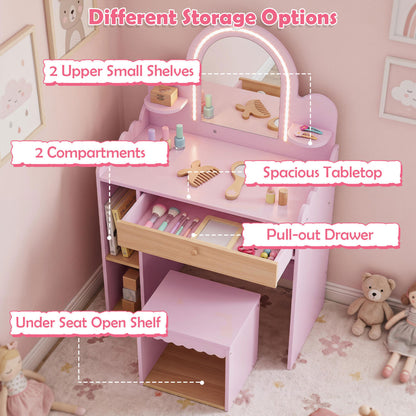 Kids Makeup Vanity Table Set with Stool and Mirror - Pink