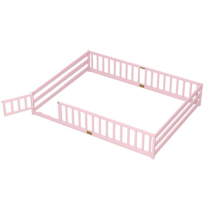 Queen Size Floor Bed Kids Montessori Bed Frame with Full Length Safety Guardrails