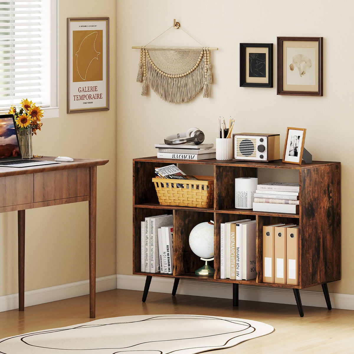 Record Player Stand with Charging Station and Open Shelves-Rustic Brown