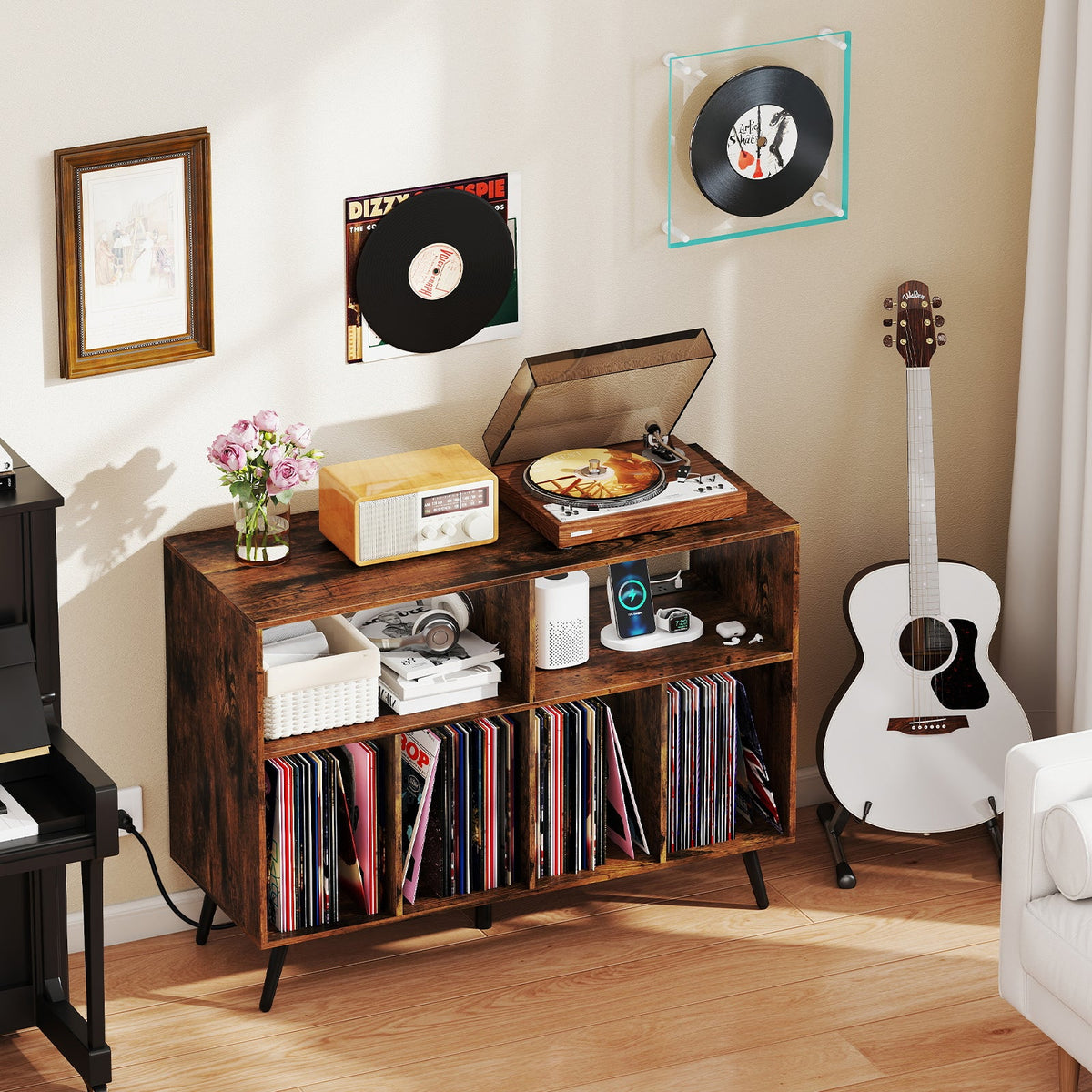 Record Player Stand with Charging Station and Open Shelves-Rustic Brown