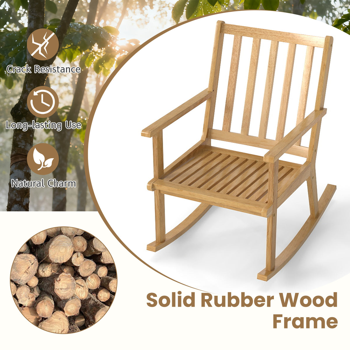 Rocking Chair with Cushion - Solid Rubber Wood Natural Finish