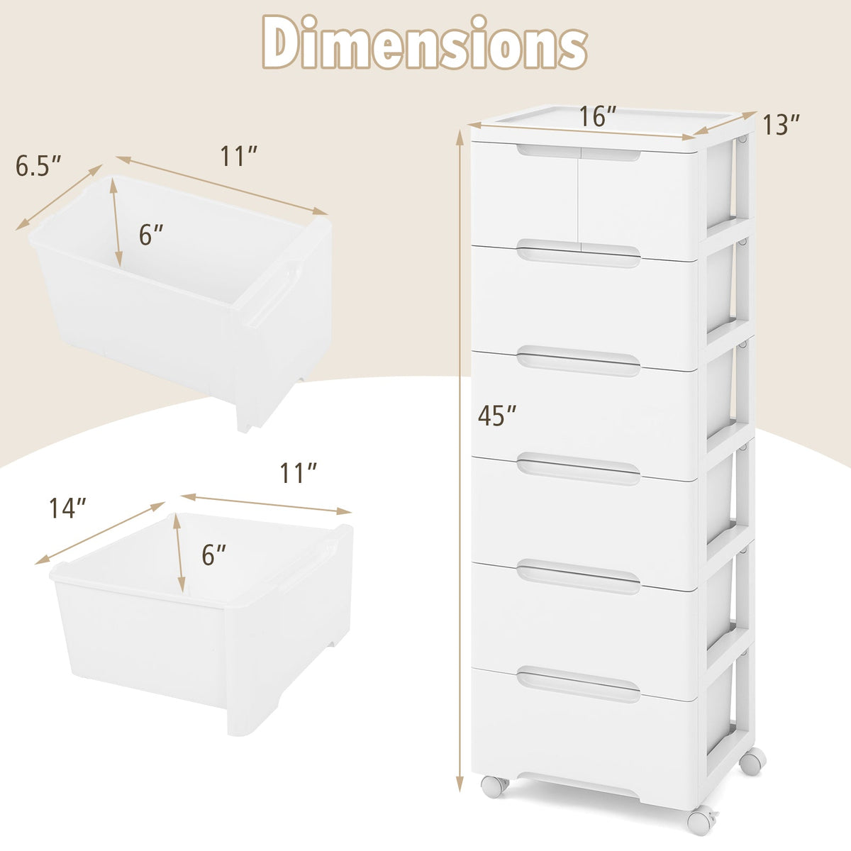 6-Drawer Rolling Storage Cabinet with Wheels - White
