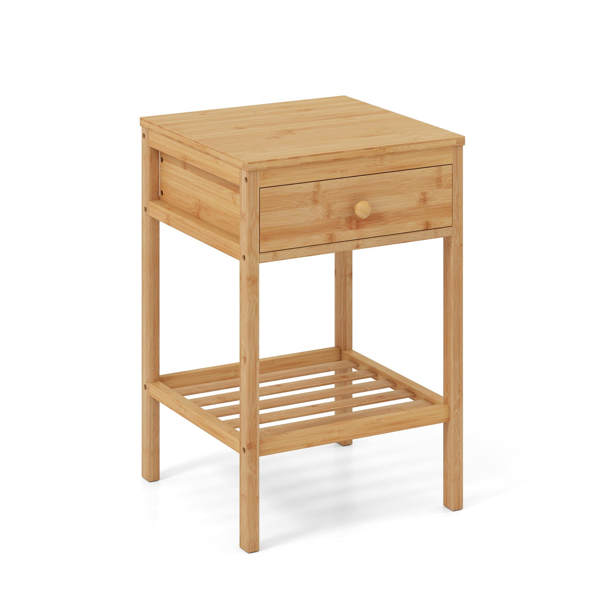 Set of 1/2 Bamboo Nightstand Bedside Table with Storage Drawer and Open Shelf