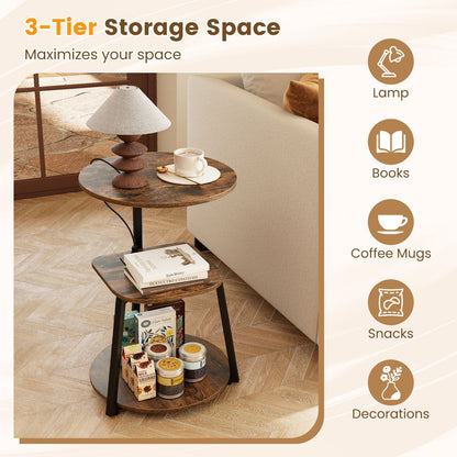 Set of 2 3-Tier Round End Table with Charging Station-Rustic Brown