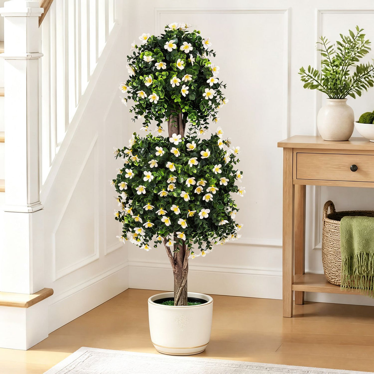 Set of 2 Artificial Topiary Trees Realistic Evergreen Plant with 2 Topiary Balls
