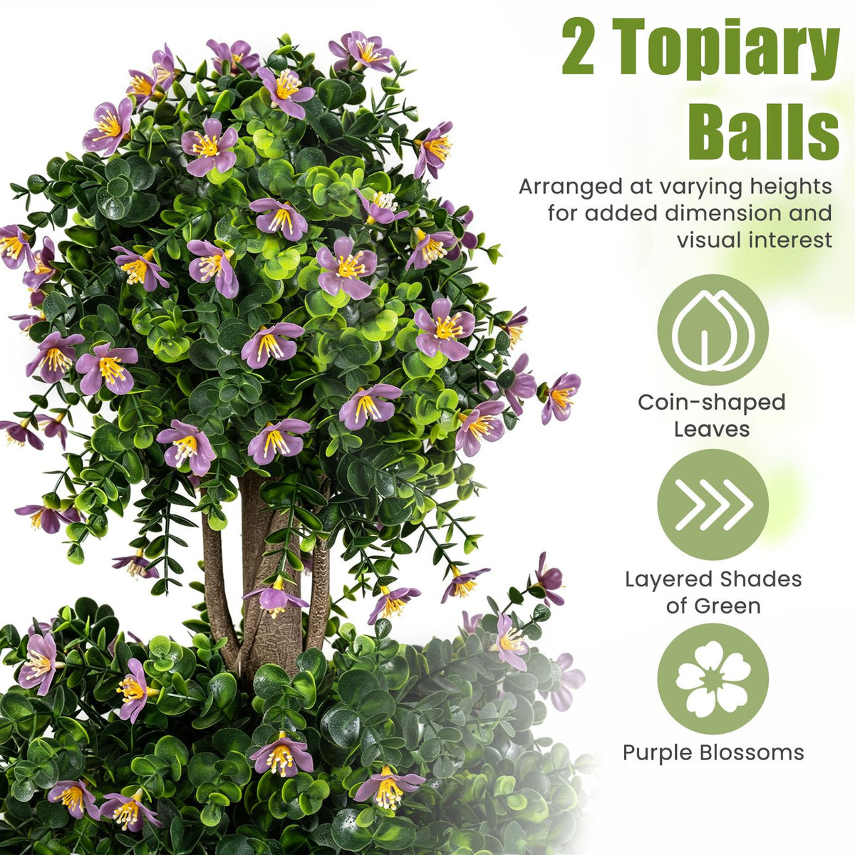 Set of 2 Artificial Topiary Trees Realistic Evergreen Plant with 2 Topiary Balls