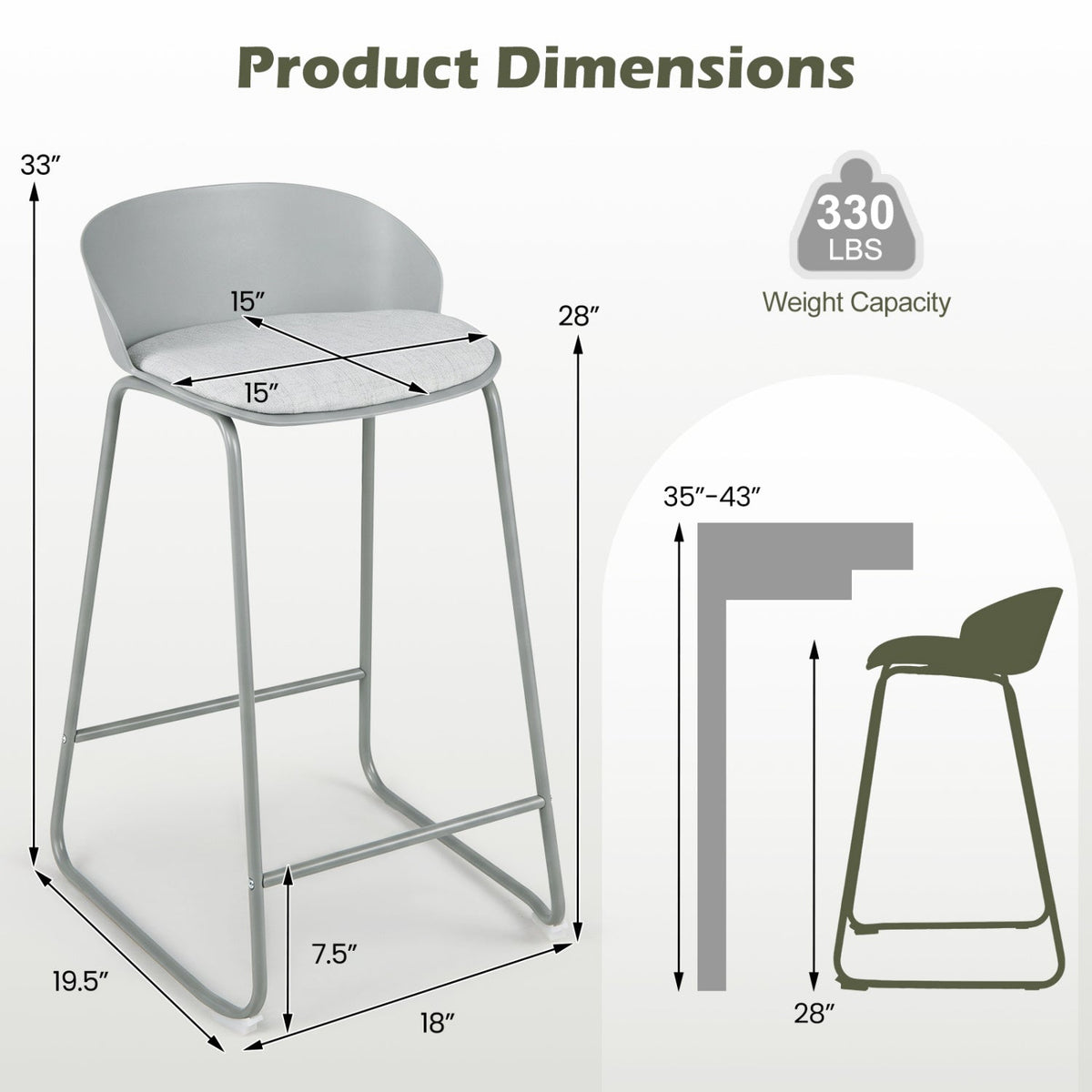 Counter Height Bar Stools Set of 2 with Curved Backrest