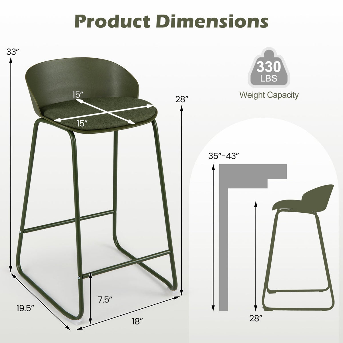 Counter Height Bar Stools Set of 2 with Curved Backrest